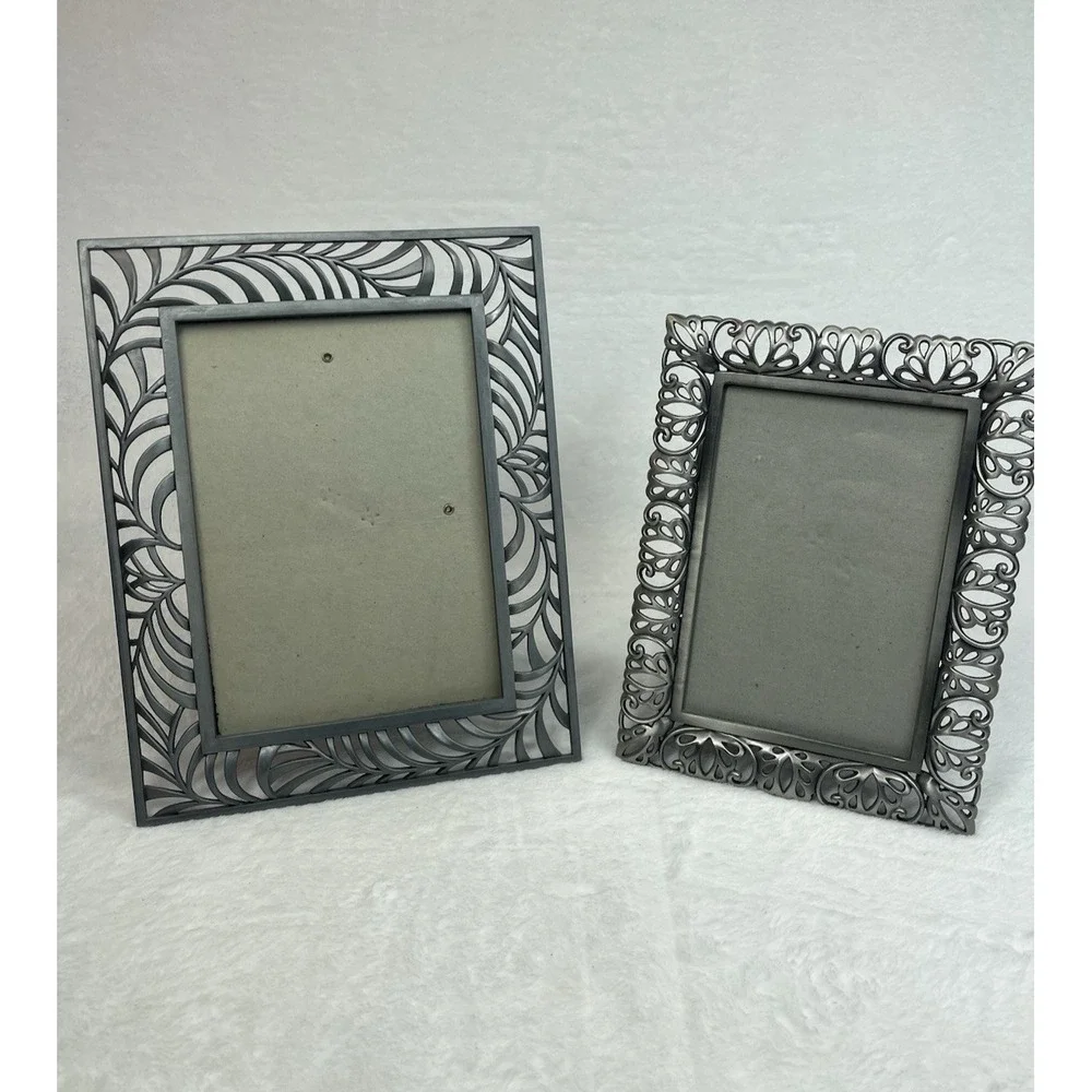 Set of 2 Pewter Tone Filigree Metal Photo Frames Ornate Scroll 5x7 4x6